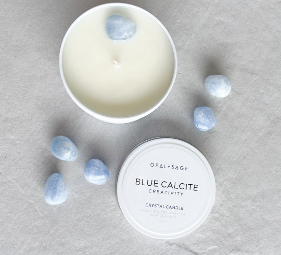 Opal + Sage - Blue Calcite - Mandala Crystal Candle Tin