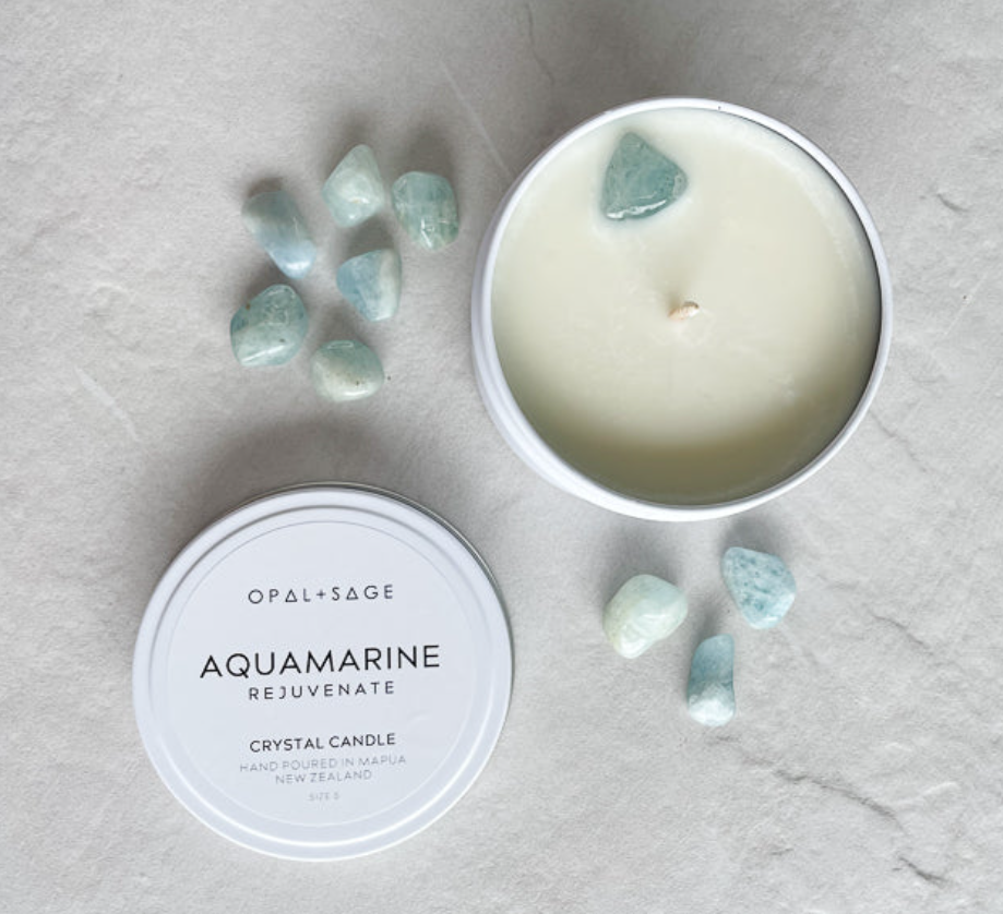 Opal + Sage - Aquamarine - Mandala Crystal Candle Tin